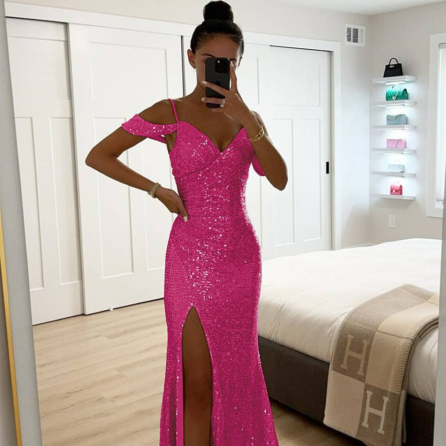 Damen Abendkleid Pailletten | V-Ausschnitt Schlitz