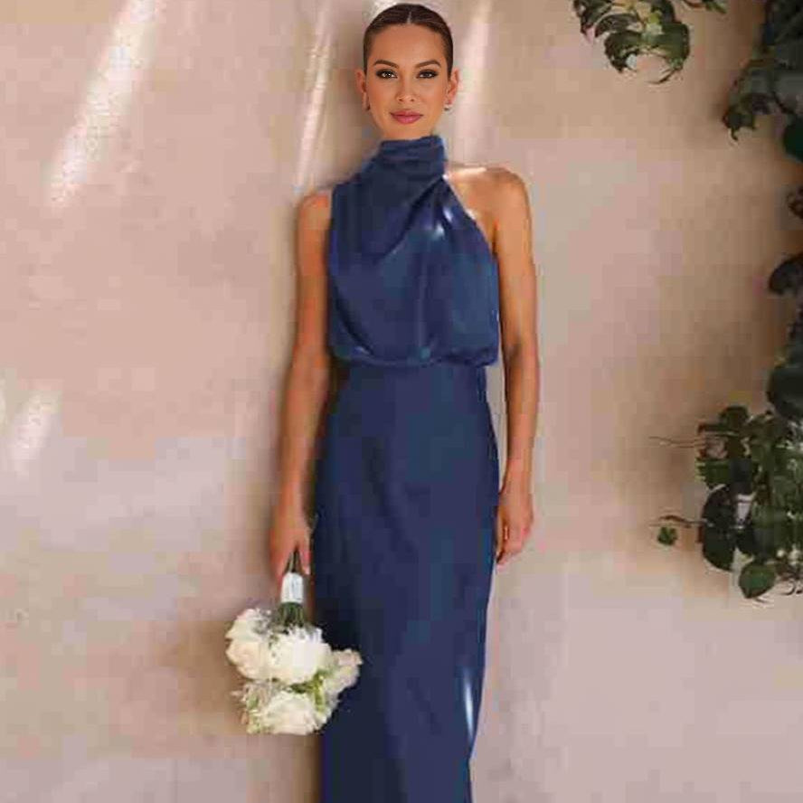Damen Brautjungfernkleid Satin | Neckholder Maxi