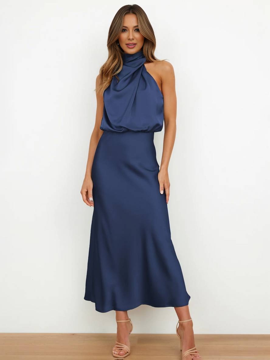 Damen Brautjungfernkleid Satin | Neckholder Maxi