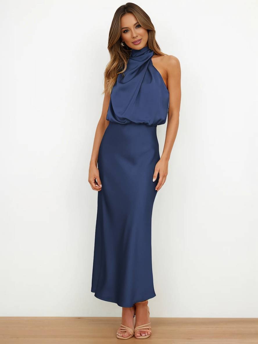 Damen Brautjungfernkleid Satin | Neckholder Maxi