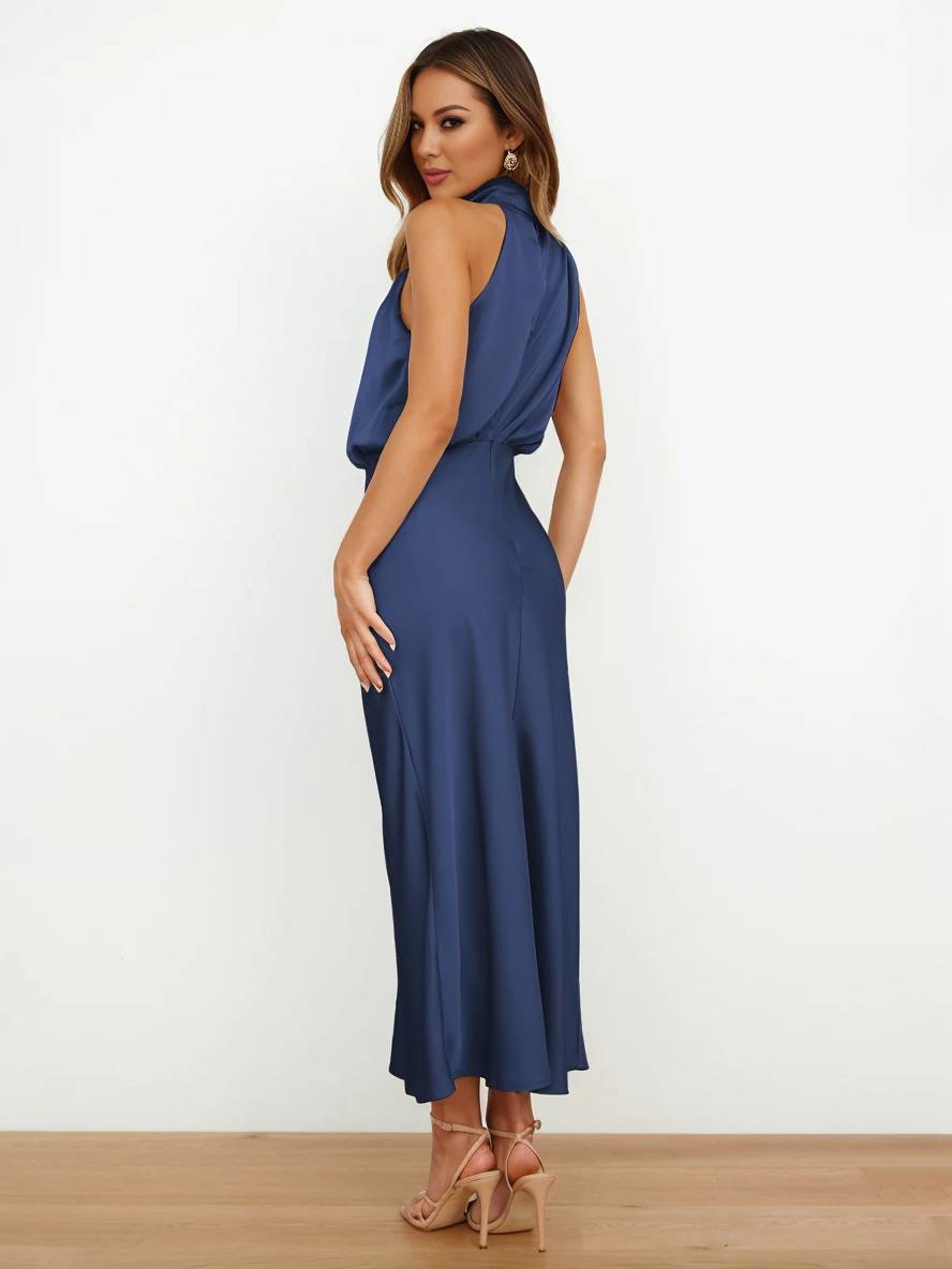 Damen Brautjungfernkleid Satin | Neckholder Maxi