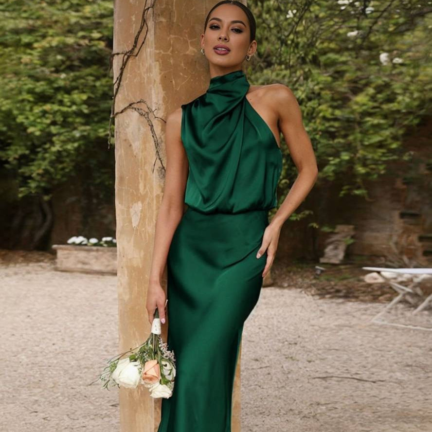 Damen Brautjungfernkleid Satin | Neckholder Maxi