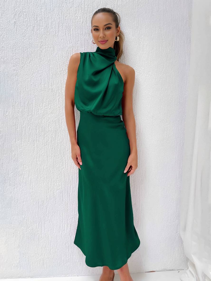 Damen Brautjungfernkleid Satin | Neckholder Maxi