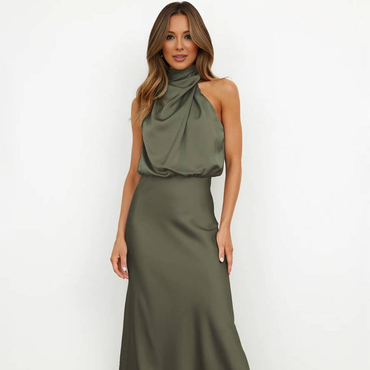 Damen Brautjungfernkleid Satin | Neckholder Maxi