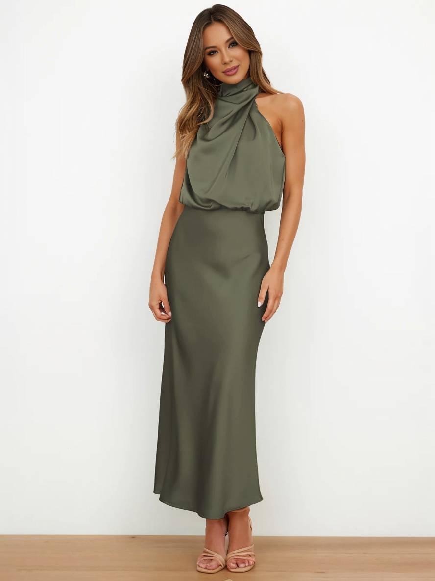 Damen Brautjungfernkleid Satin | Neckholder Maxi