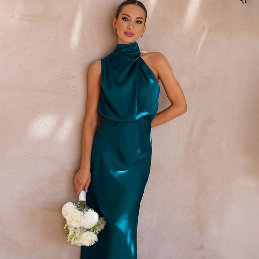 Damen Brautjungfernkleid Satin | Neckholder Maxi