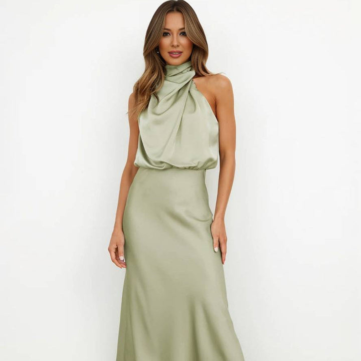 Damen Brautjungfernkleid Satin | Neckholder Maxi