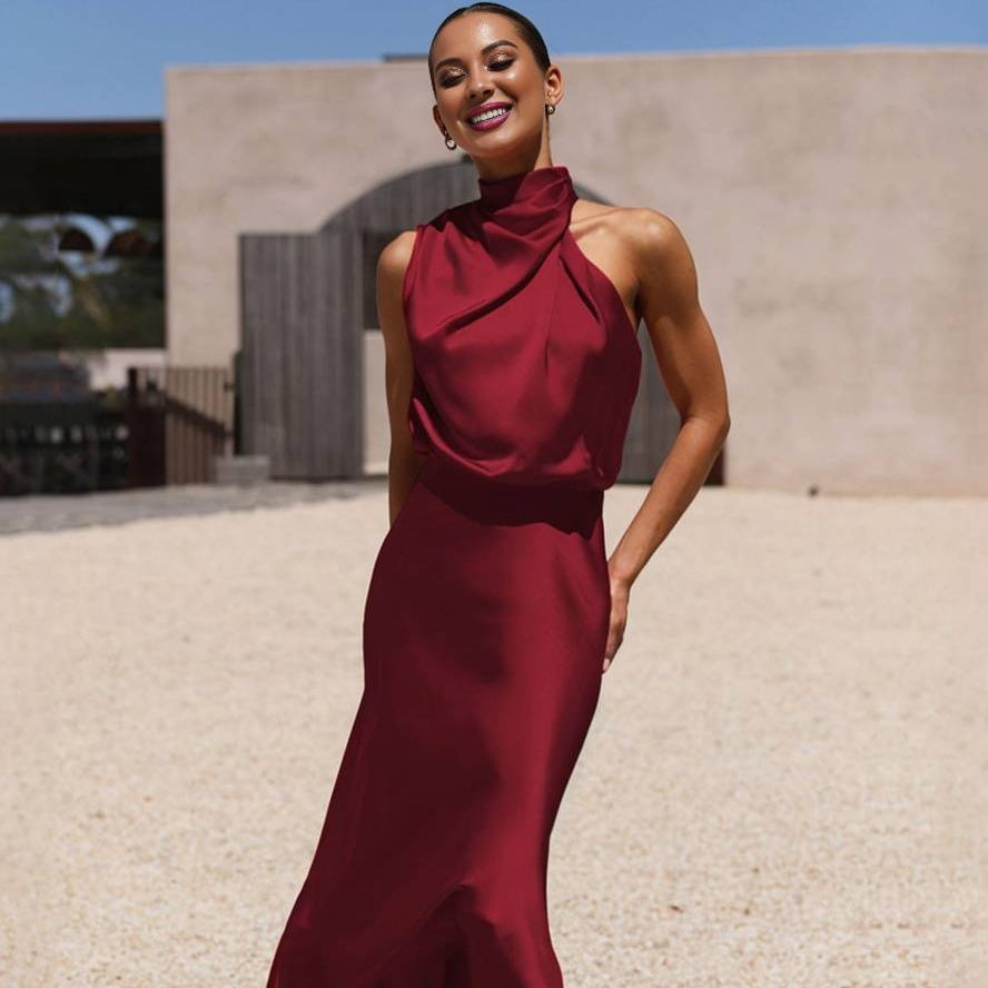 Damen Brautjungfernkleid Satin | Neckholder Maxi