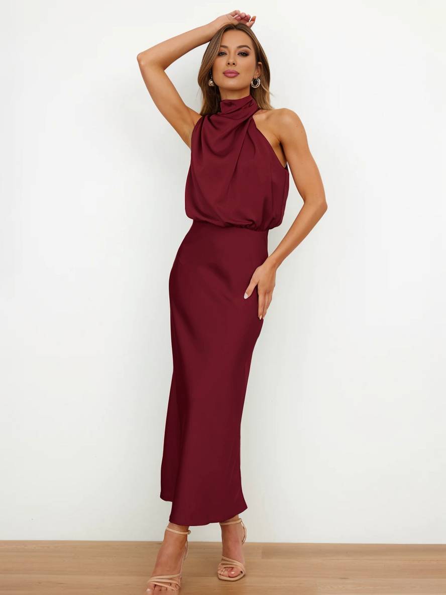 Damen Brautjungfernkleid Satin | Neckholder Maxi