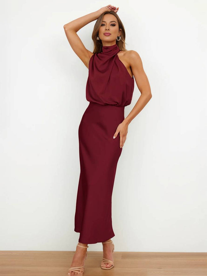 Damen Brautjungfernkleid Satin | Neckholder Maxi