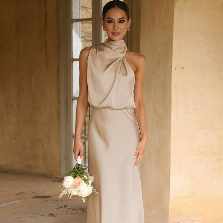 Damen Brautjungfernkleid Satin | Neckholder Maxi