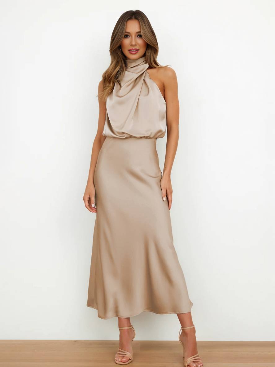 Damen Brautjungfernkleid Satin | Neckholder Maxi