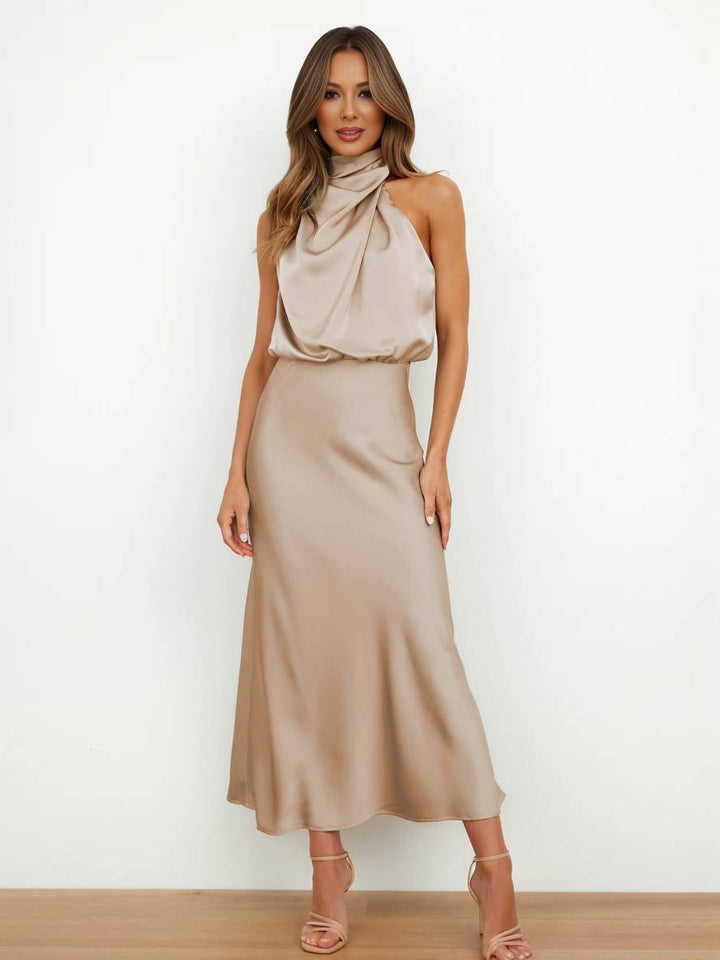 Damen Brautjungfernkleid Satin | Neckholder Maxi