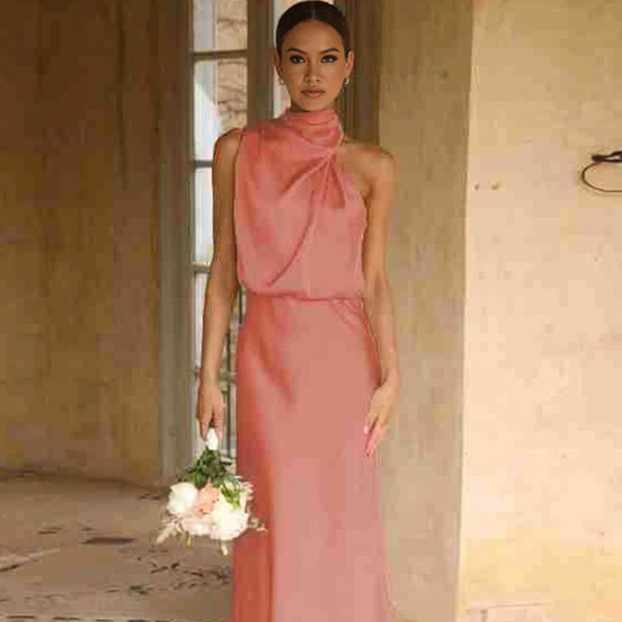 Damen Brautjungfernkleid Satin | Neckholder Maxi