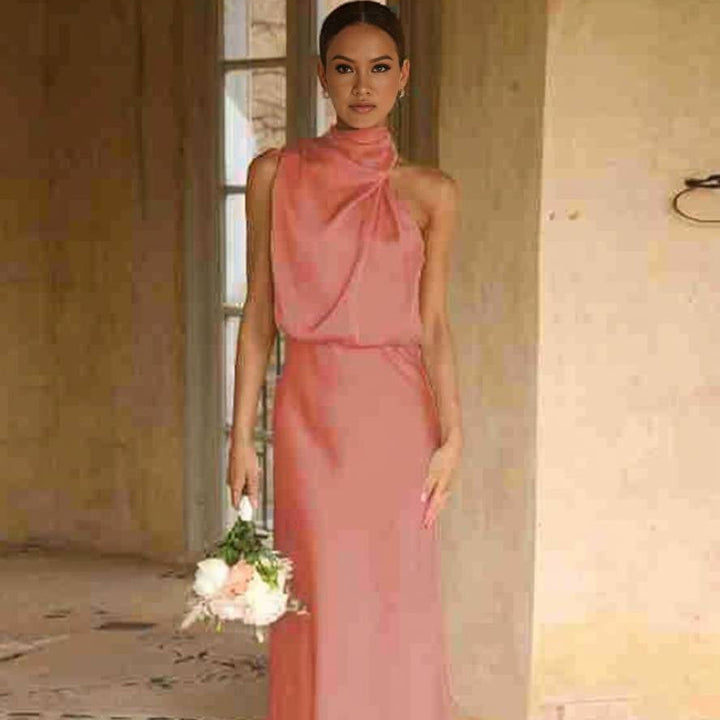 Damen Brautjungfernkleid Satin | Neckholder Maxi