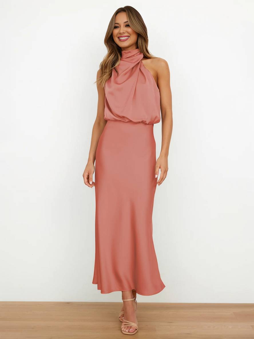 Damen Brautjungfernkleid Satin | Neckholder Maxi