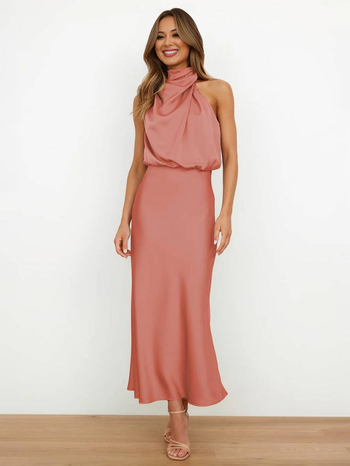 Damen Brautjungfernkleid Satin | Neckholder Maxi