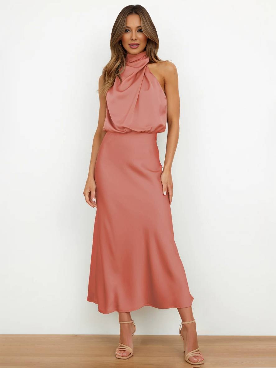 Damen Brautjungfernkleid Satin | Neckholder Maxi