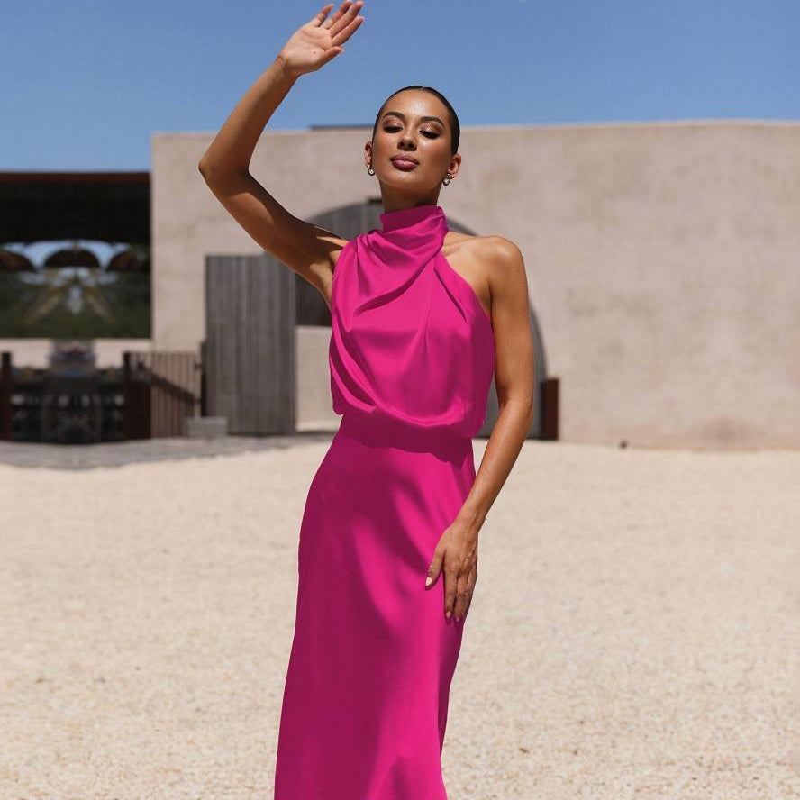 Damen Brautjungfernkleid Satin | Neckholder Maxi