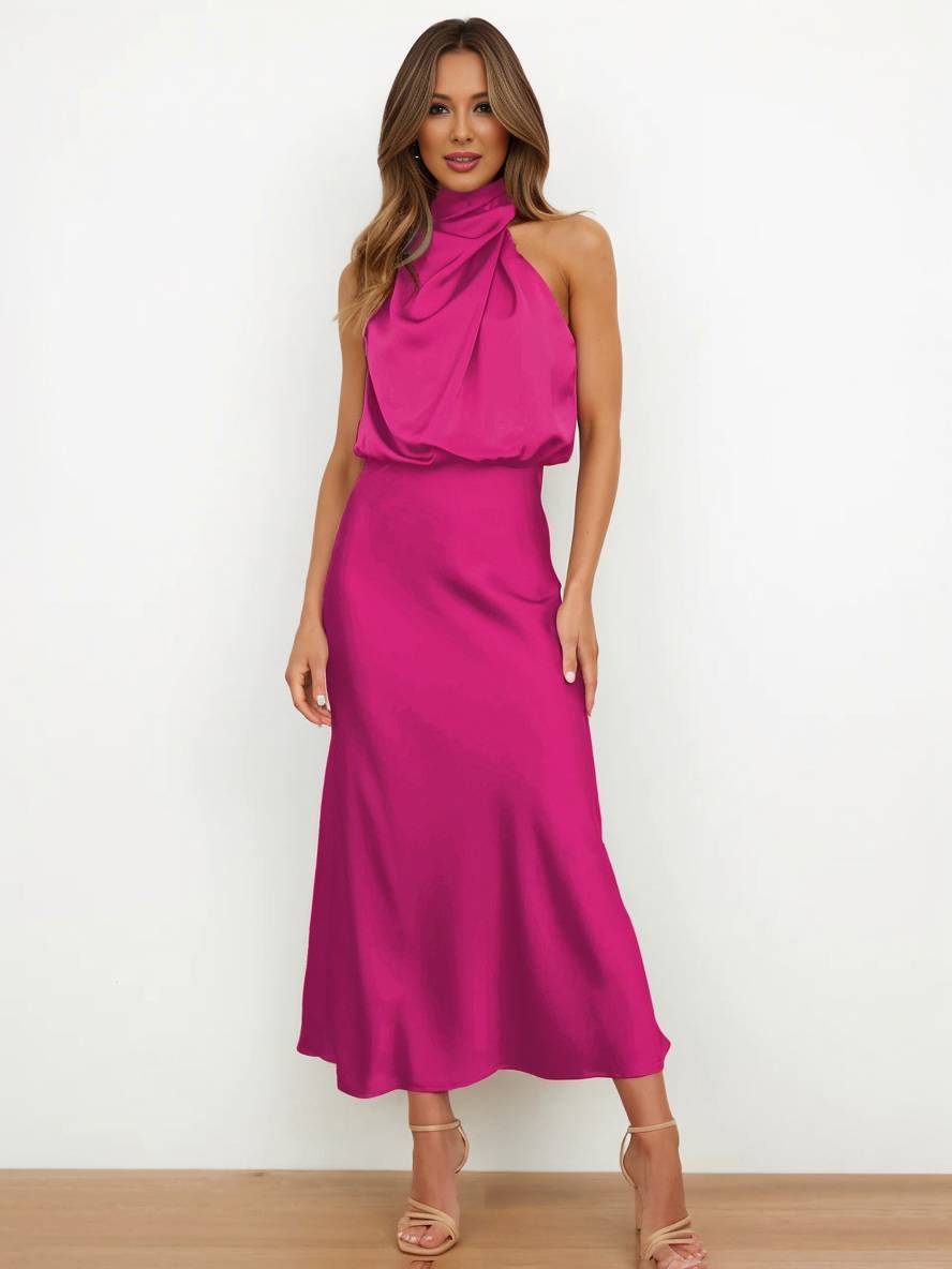 Damen Brautjungfernkleid Satin | Neckholder Maxi