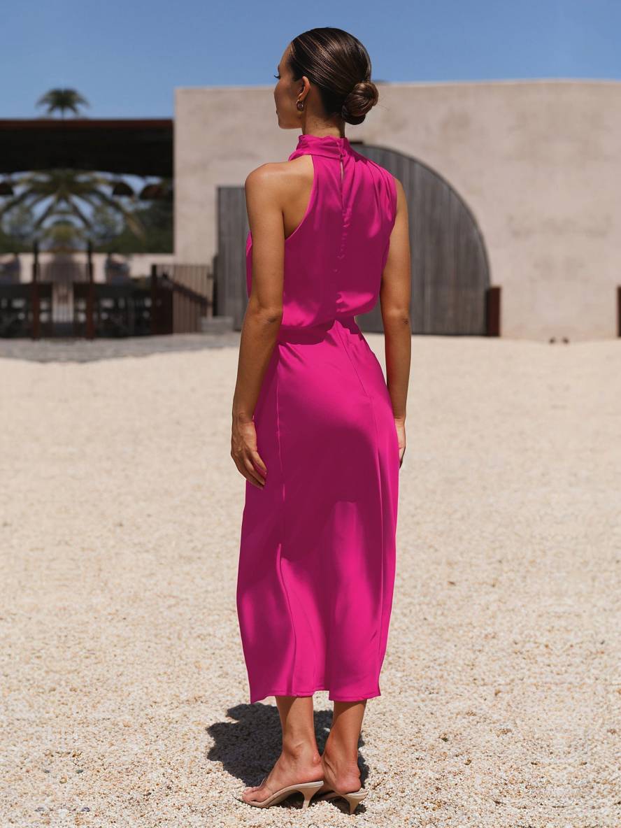 Damen Brautjungfernkleid Satin | Neckholder Maxi