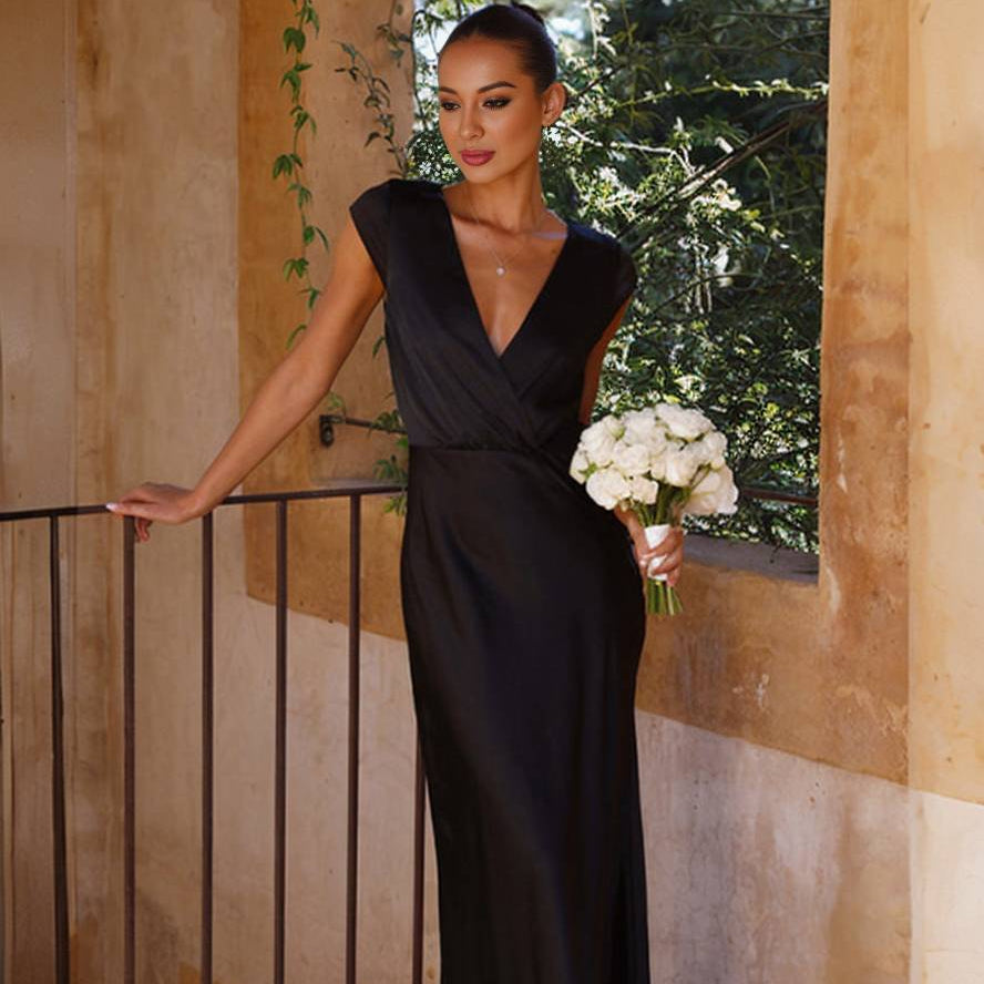 Mermaid-Kleid aus Satin für Damen mit V-Ausschnitt