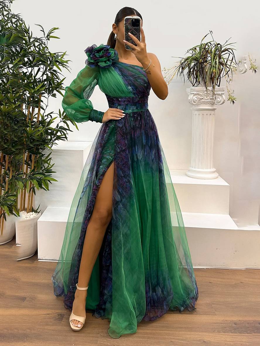 Damen Abendkleid Maxi One-Shoulder | Tüll
