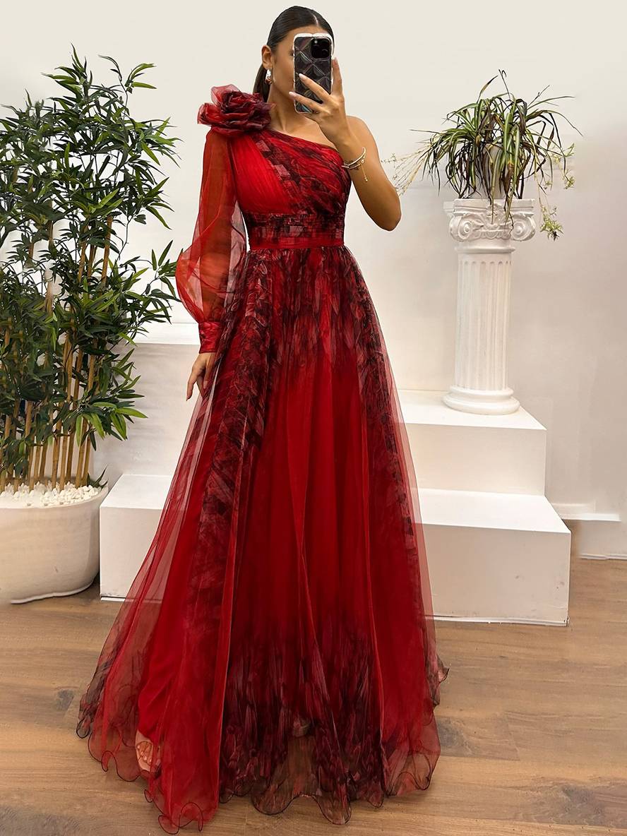 Damen Abendkleid Maxi One-Shoulder | Tüll
