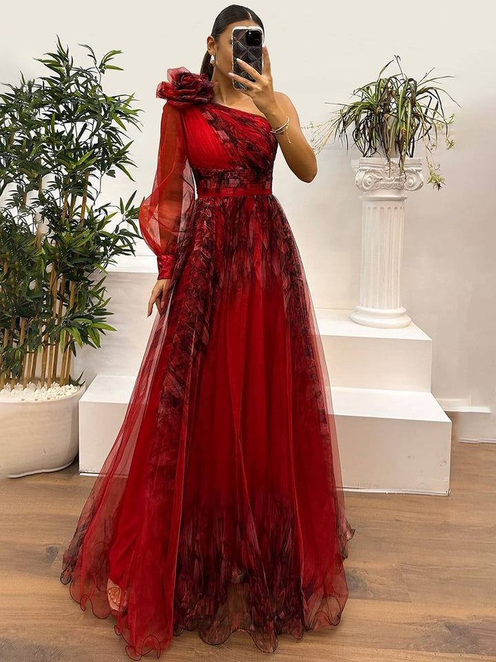 Damen Abendkleid Maxi One-Shoulder | Tüll
