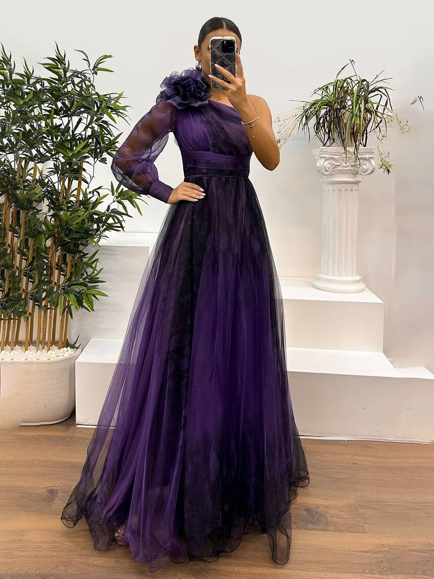 Damen Abendkleid Maxi One-Shoulder | Tüll