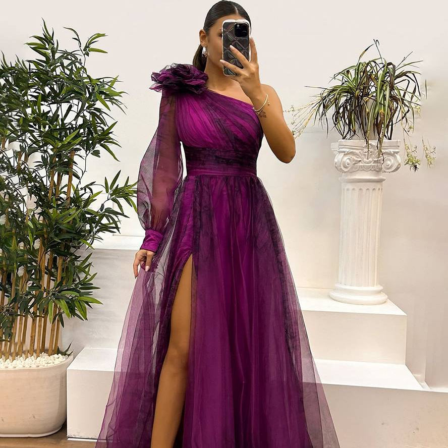 Damen Abendkleid Maxi One-Shoulder | Tüll