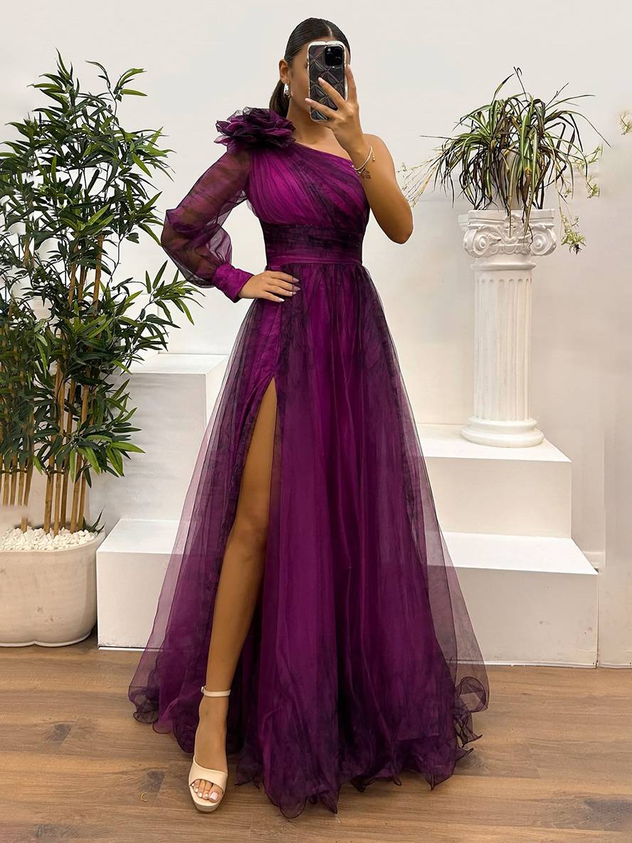 Damen Abendkleid Maxi One-Shoulder | Tüll