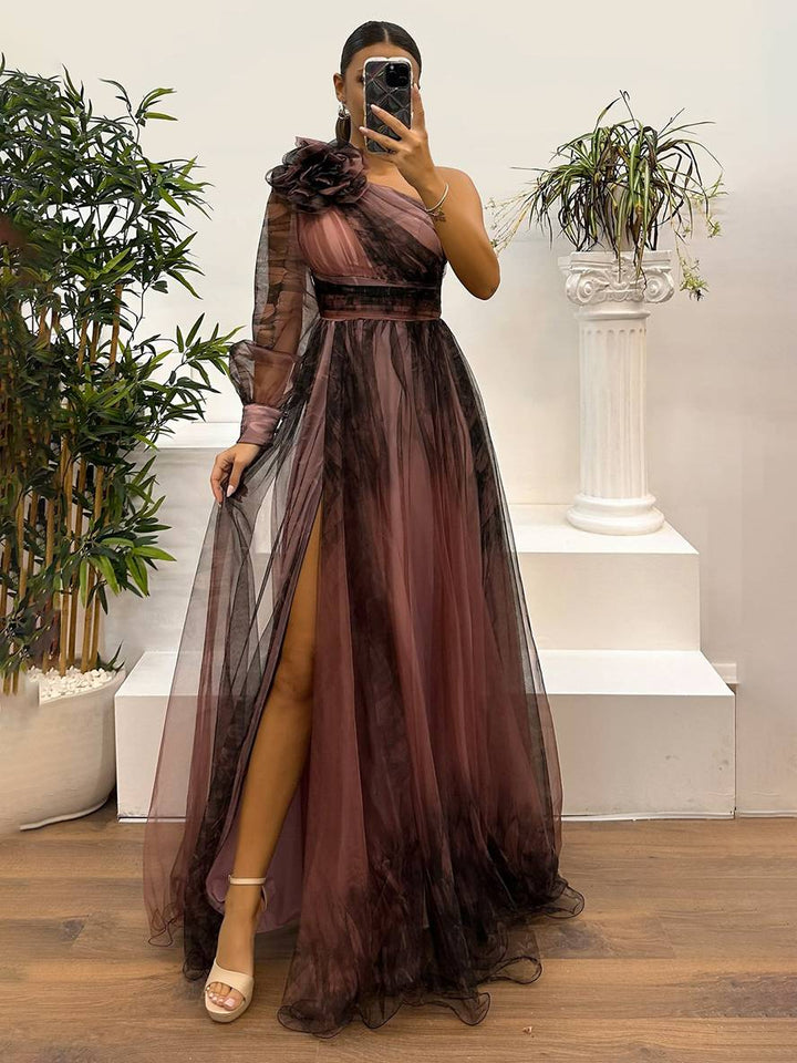 Damen Abendkleid Maxi One-Shoulder | Tüll