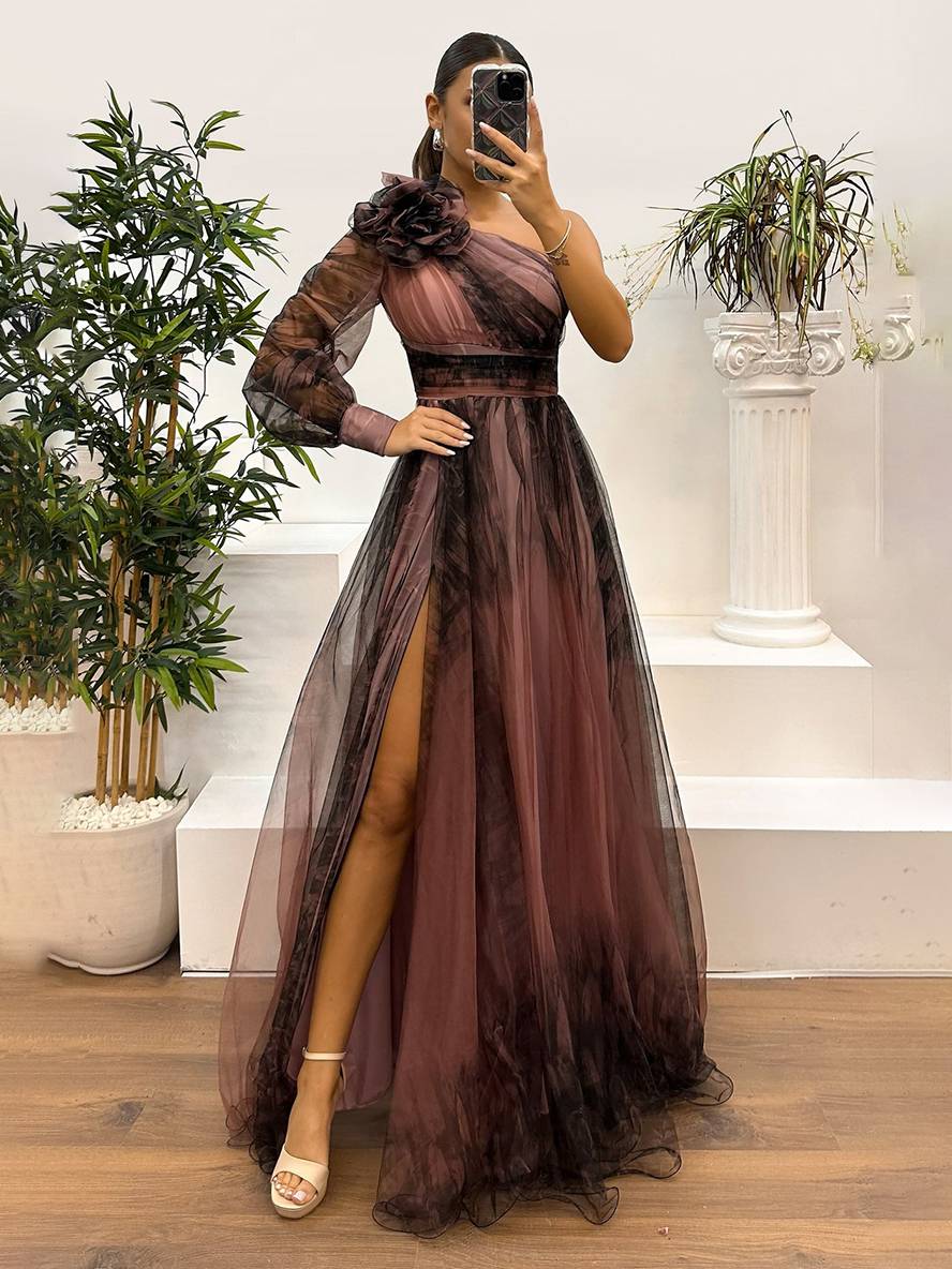Damen Abendkleid Maxi One-Shoulder | Tüll