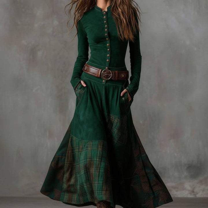 Damen-Maxikleid aus Wildlederimitat mit Karomuster und Gürtel