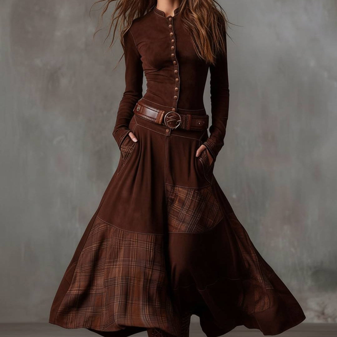 Damen-Maxikleid aus Wildlederimitat mit Karomuster und Gürtel