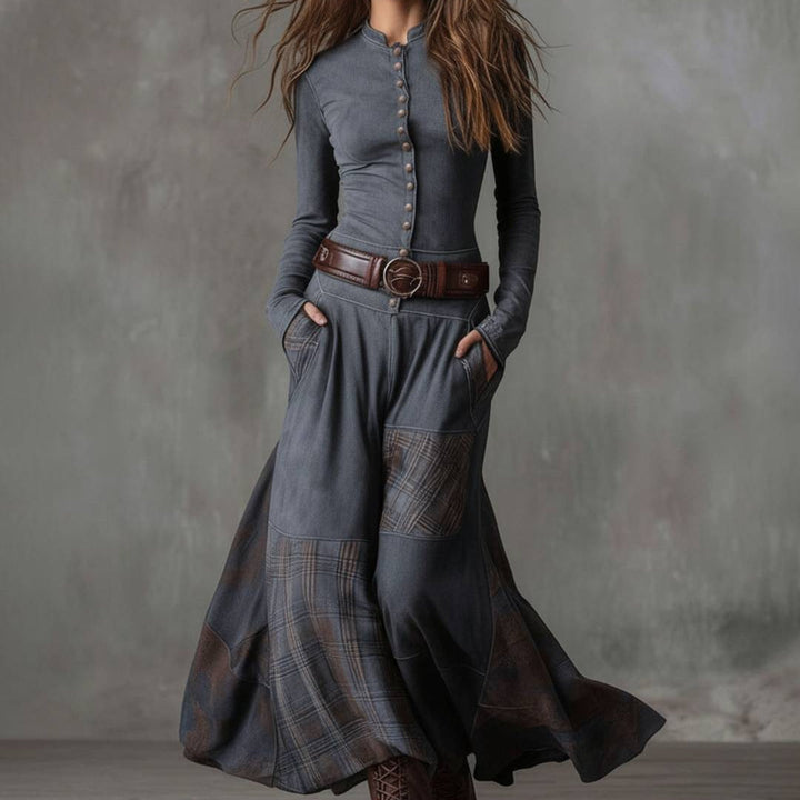 Damen-Maxikleid aus Wildlederimitat mit Karomuster und Gürtel