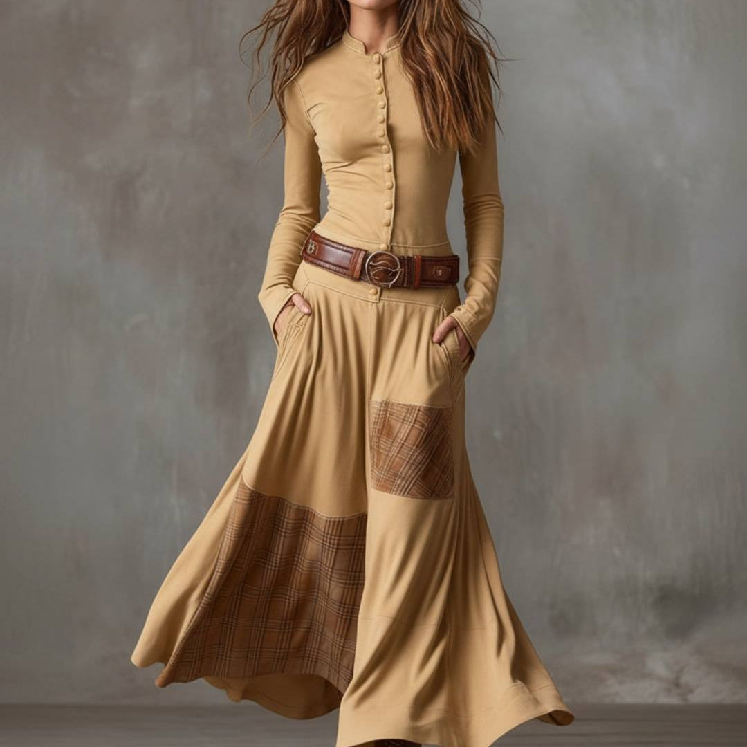 Damen-Maxikleid aus Wildlederimitat mit Karomuster und Gürtel
