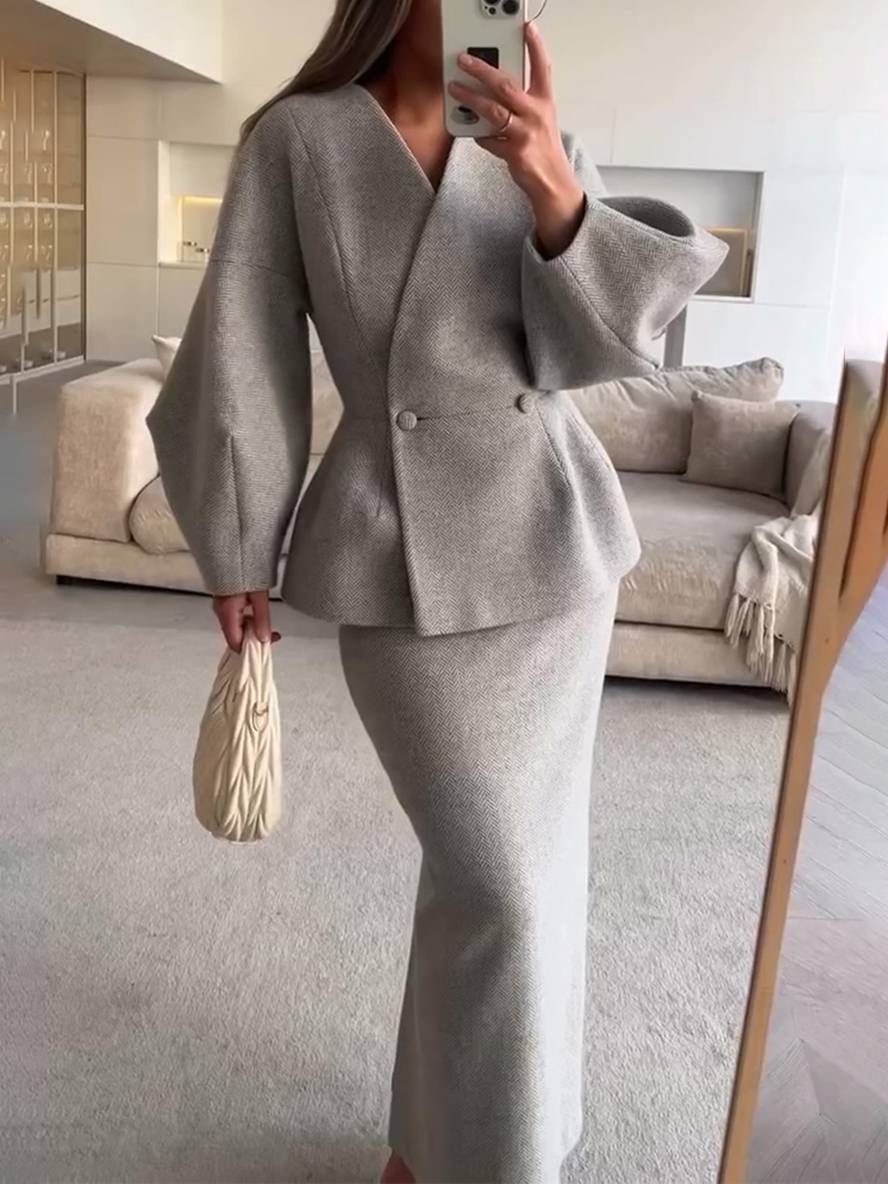 Damen Blazer-Rock-Set | V-Ausschnitt