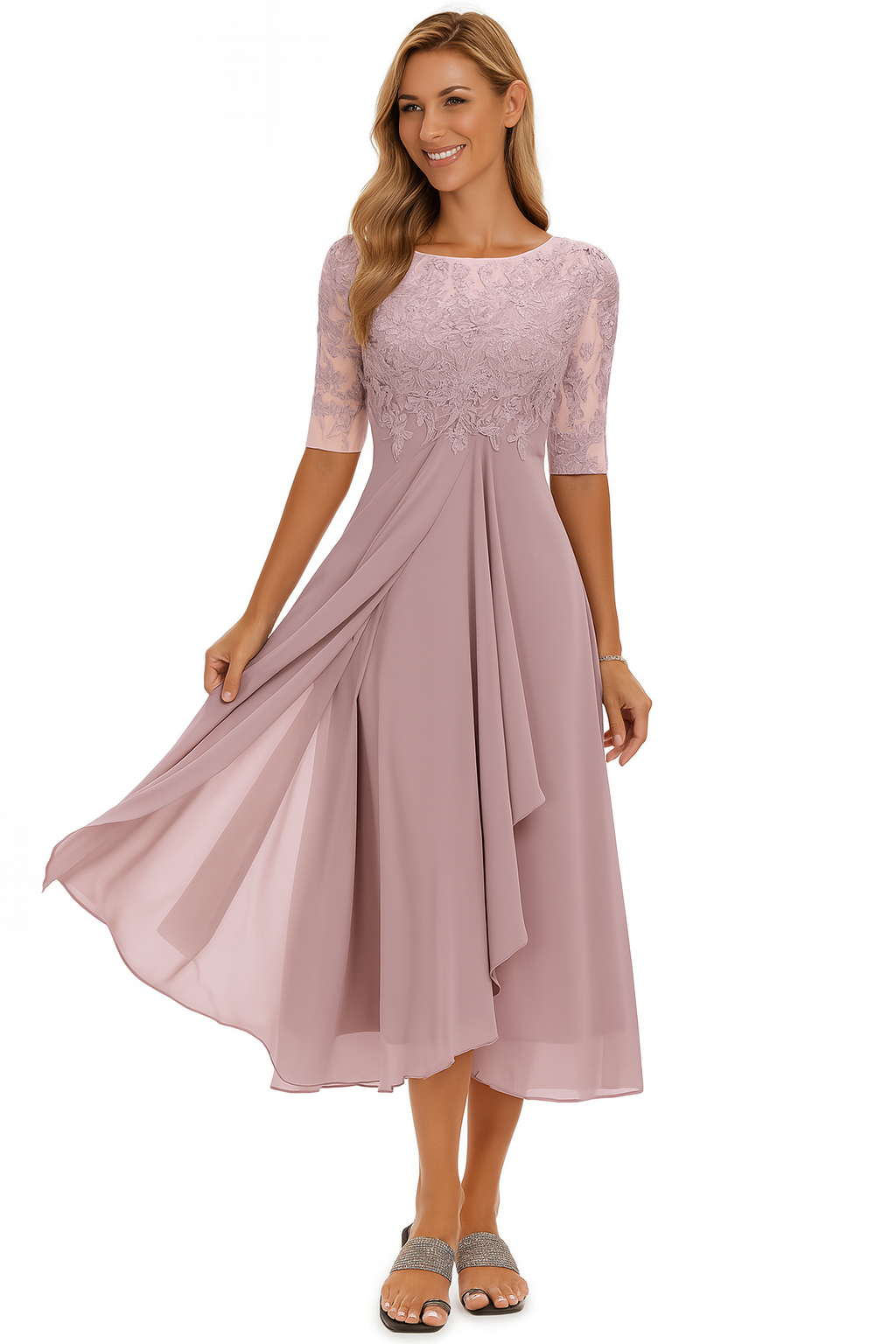 Sarah | Damen A-Linie Spitzen Midi Kleid