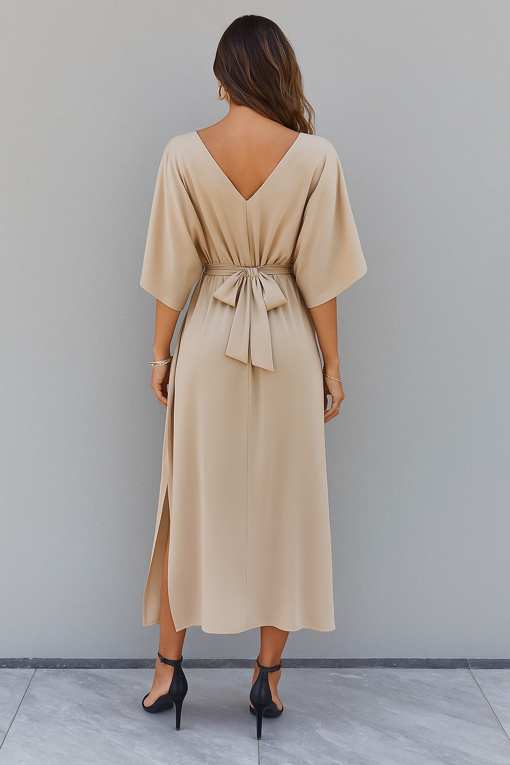 Damen Maxikleid V-Ausschnitt Krawattengürtel Schlitz