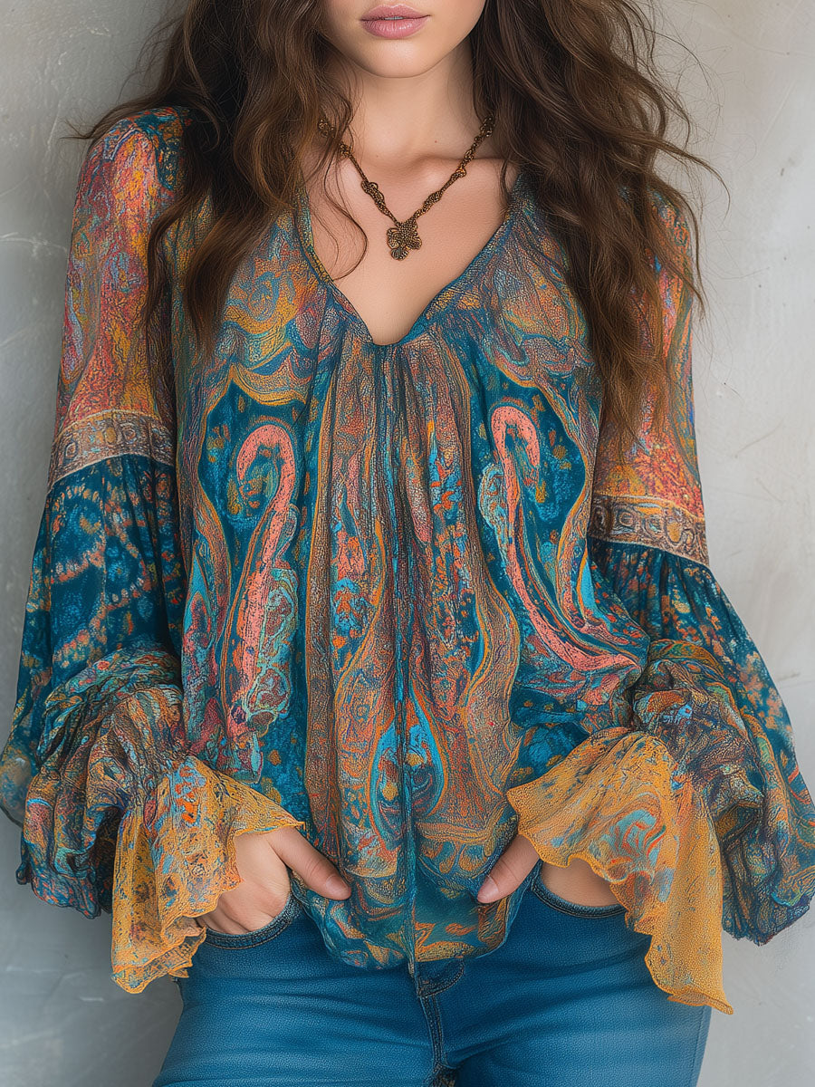 Cyrano | Elegante Chiffonbluse mit Rüschen und Paisley-Muster 0