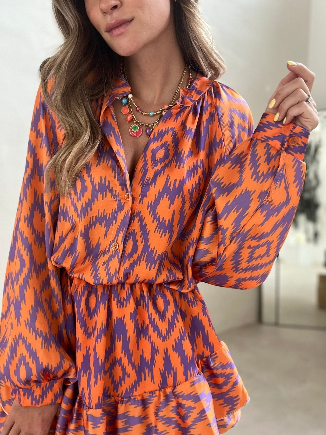 Damen Azteken Langarm Mini Kleid - Isabella