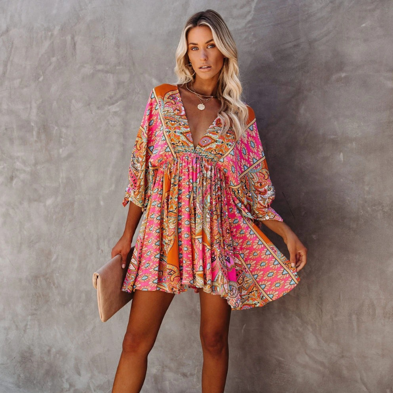 Damen Bohemian Florales Mini Kleid - Aurora