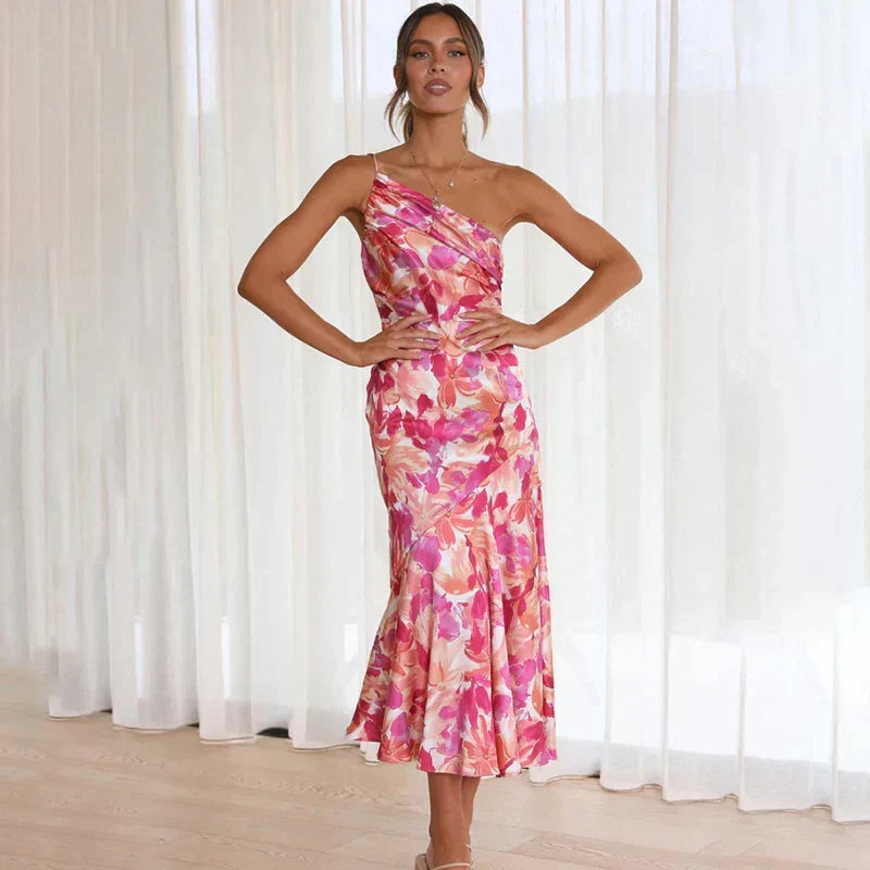 Damen Ein-Schulter Geblümtes Midikleid - Leah