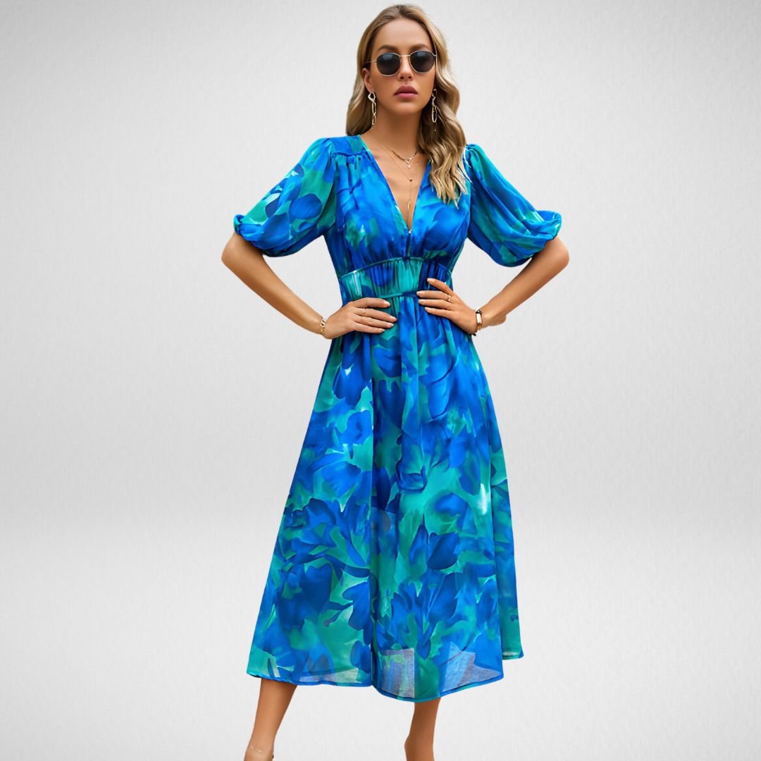 Damen Gedrucktes V-Ausschnitt Midi Kleid - Serena