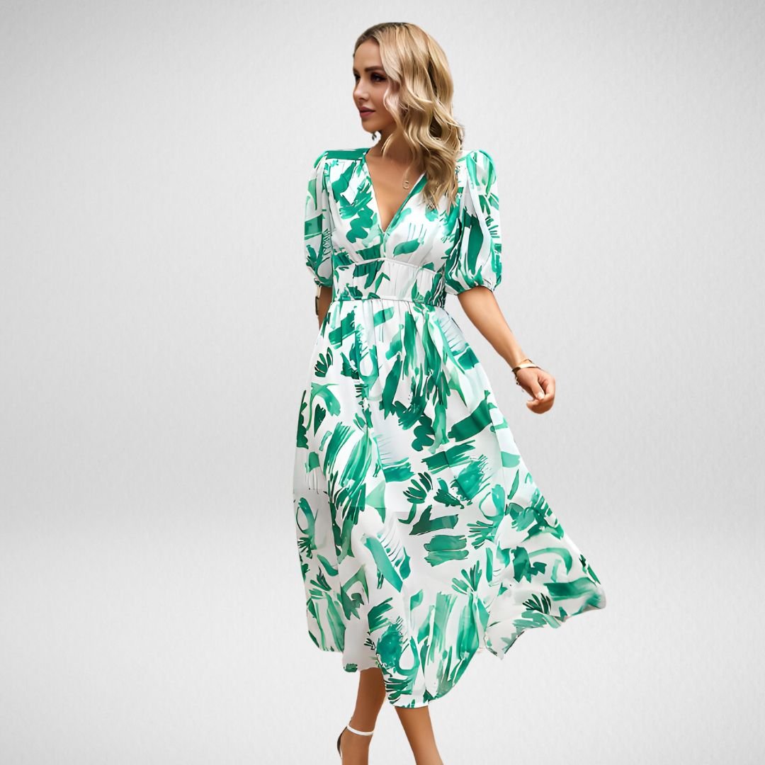 Damen Gedrucktes V-Ausschnitt Midi Kleid - Serena