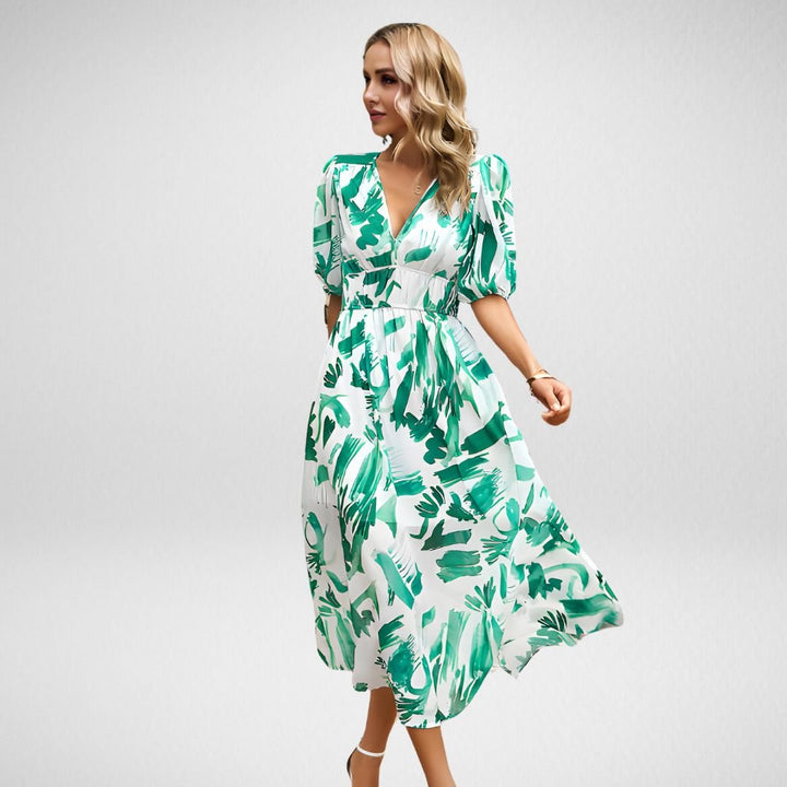 Damen Gedrucktes V-Ausschnitt Midi Kleid - Serena