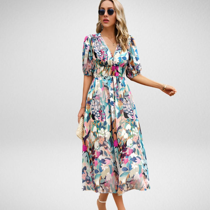 Damen Gedrucktes V-Ausschnitt Midi Kleid - Serena