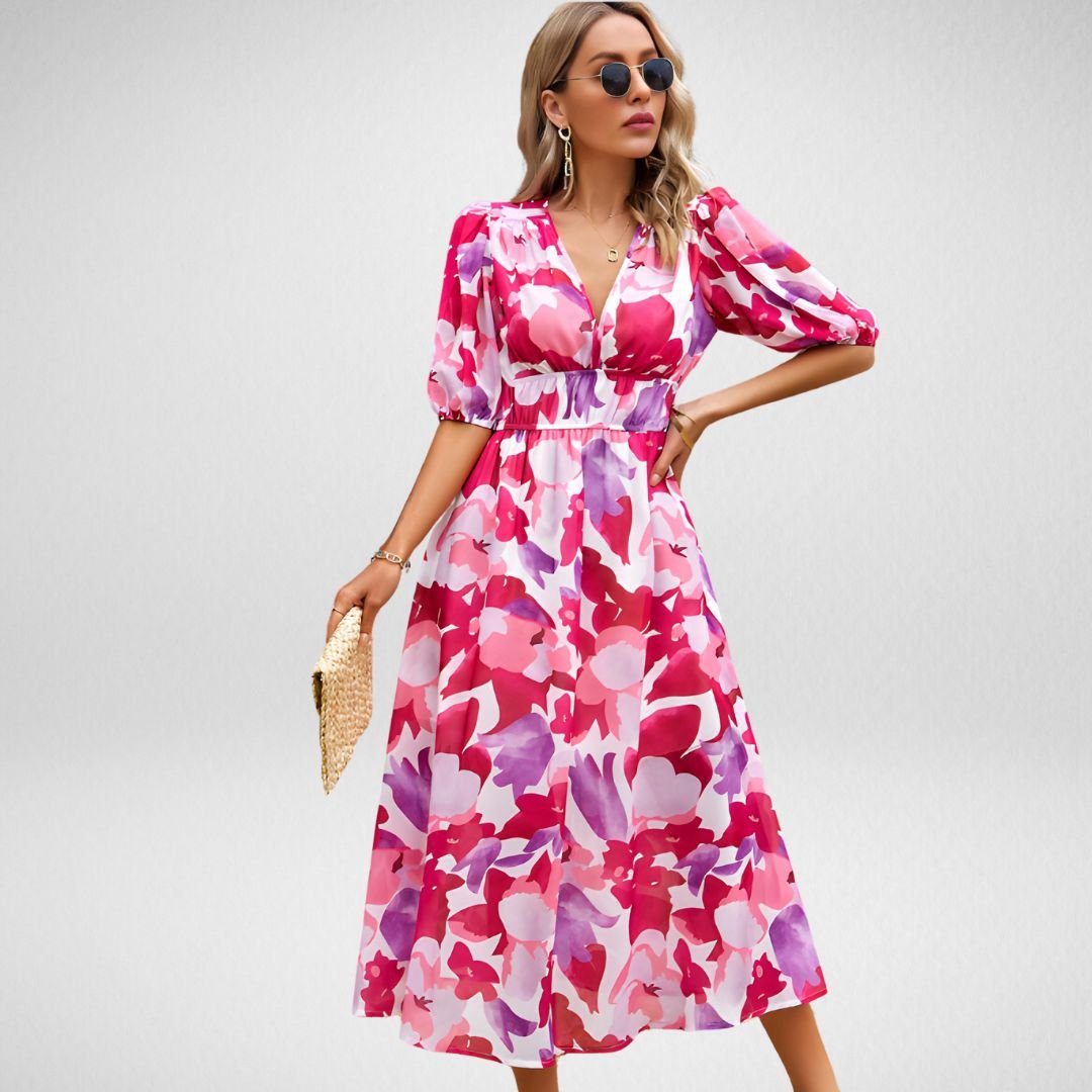 Damen Gedrucktes V-Ausschnitt Midi Kleid - Serena